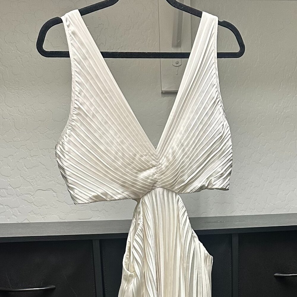 Satin Pleated V-Neck Sleeveless Cutout Maxi Dress